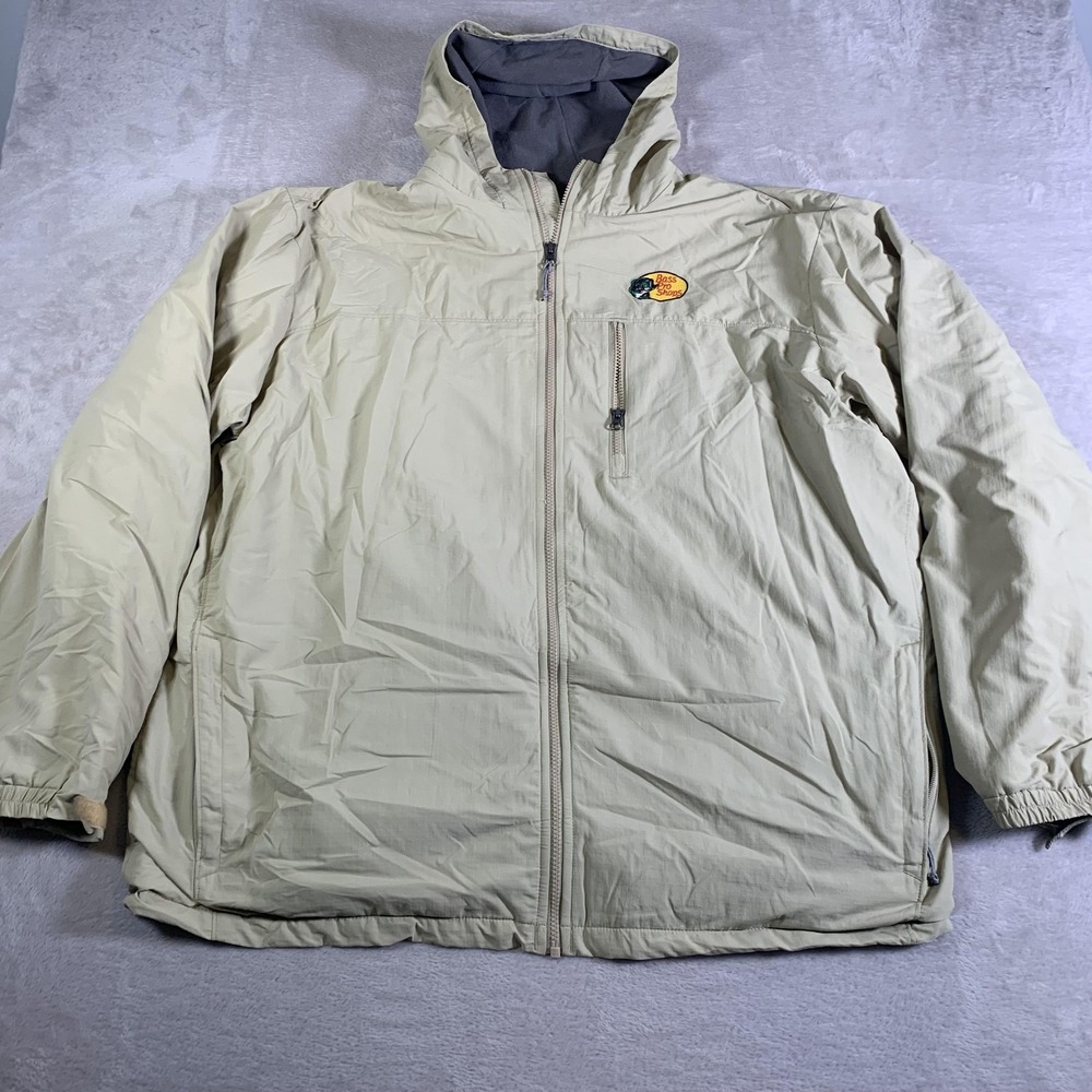Bass Pro Shops Jacket Mens 2XLT‎ Khaki Hooded Full Zip Fleece Lined Fishing Logo